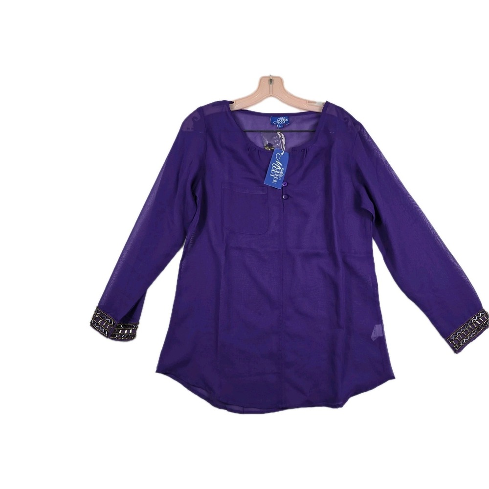 Modern Moda Women's‎ Size Large Purple Sheer V Neck Button Shirt New